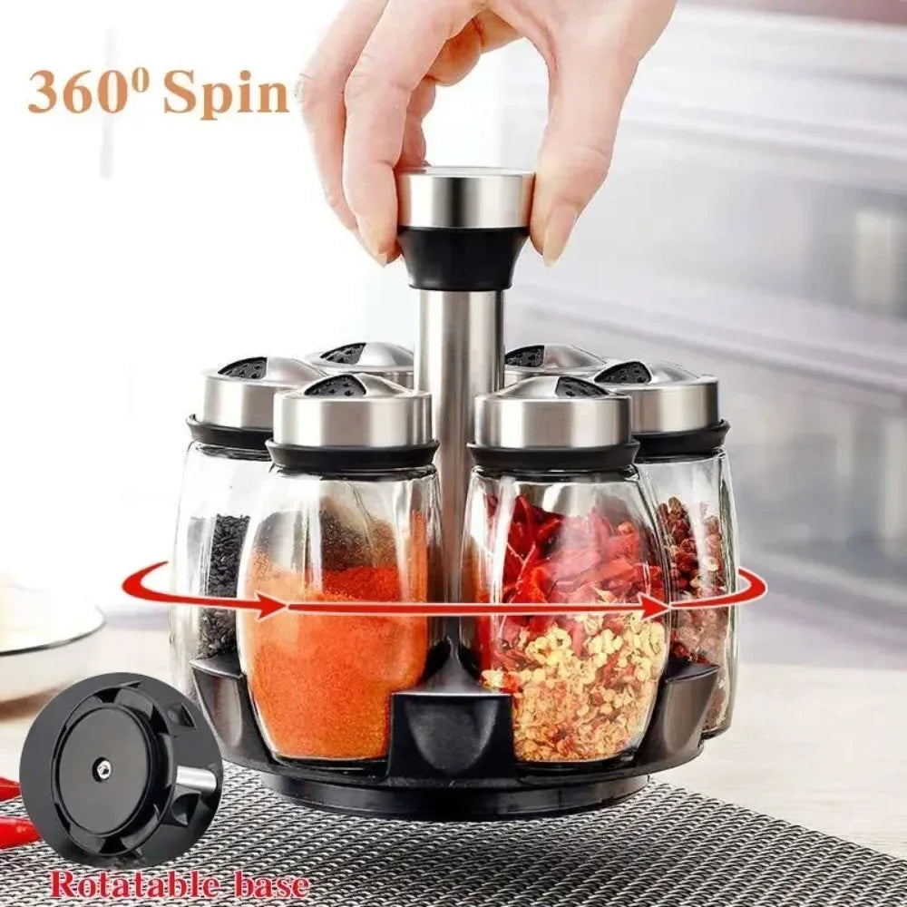 Spice Jar Rack Glass Organizer Rotating Seasoning Sugar Pepper Qme