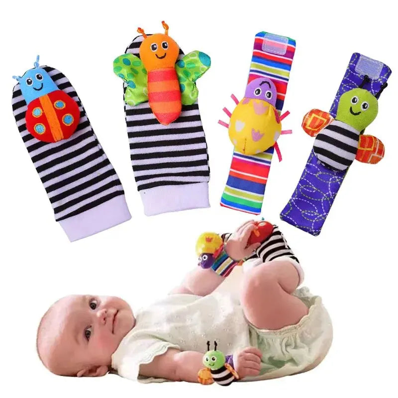 4Pcs Baby Toy 0-12 Months Baby Rattles Toys Animal Socks Wrist Strap + Rattle Baby Foot Socks Bug Wrist Strap Baby Socks New Qme