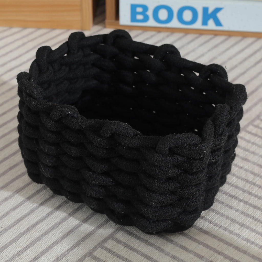 Artisanal Cotton Rope Storage Basket Bohemian Desktop Organizer Qme black M