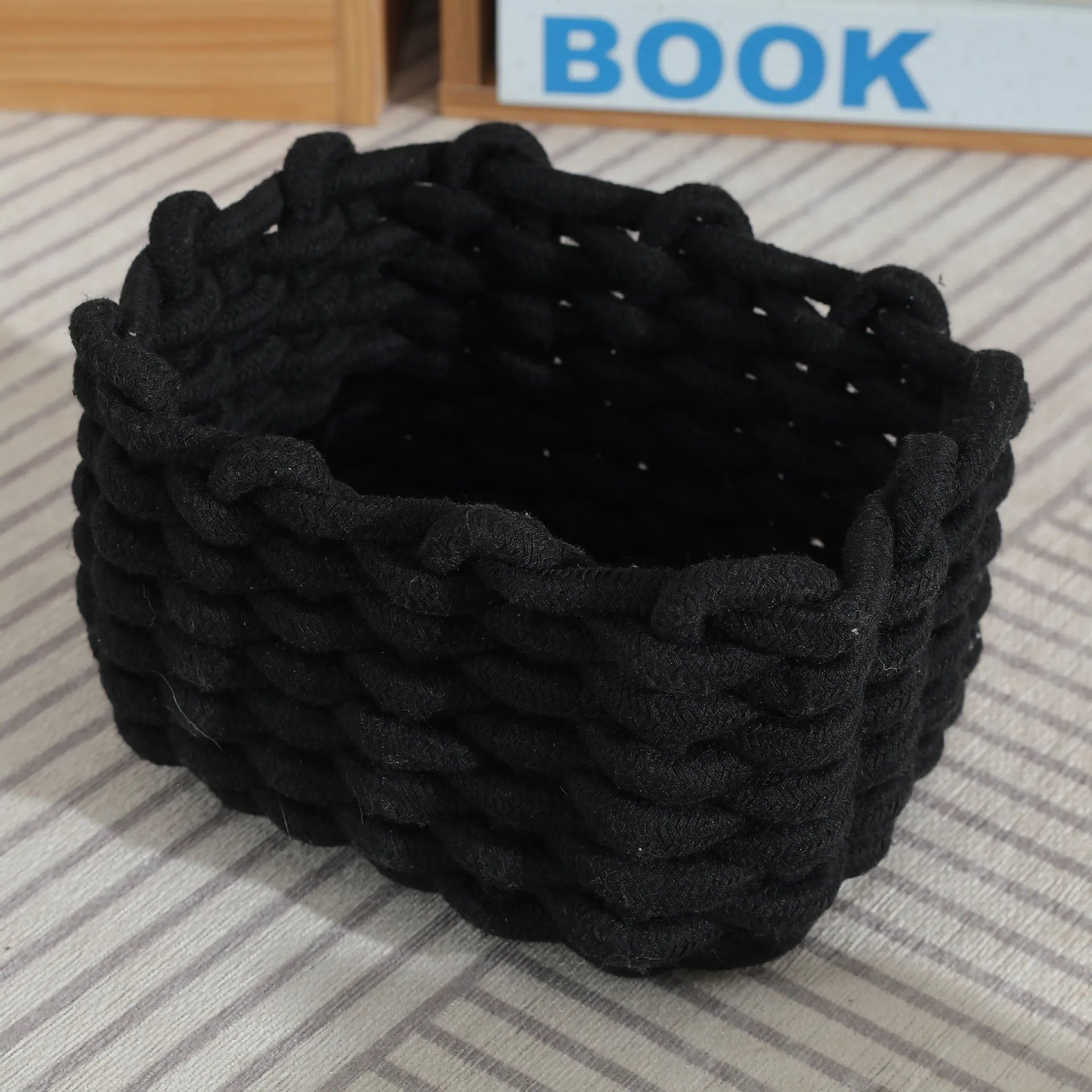 Artisanal Cotton Rope Storage Basket Bohemian Desktop Organizer Qme black M