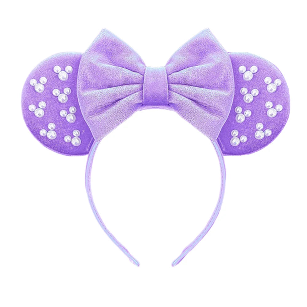 White Pearls Mickey Ears Hair Accessories for Girls Solid Color Soft Cotton Bow Headbands Women Minnie Mouse Hair Accessorie Qme Headband 4