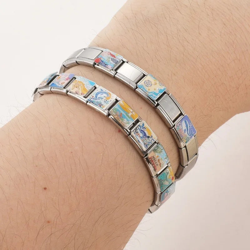 Charm Bangles Italian Links Fit 9mm Stainless Steel Women Men Jewelry DIY Making Blue Series Starfish Beach Turtle Bracelet Gift Qme
