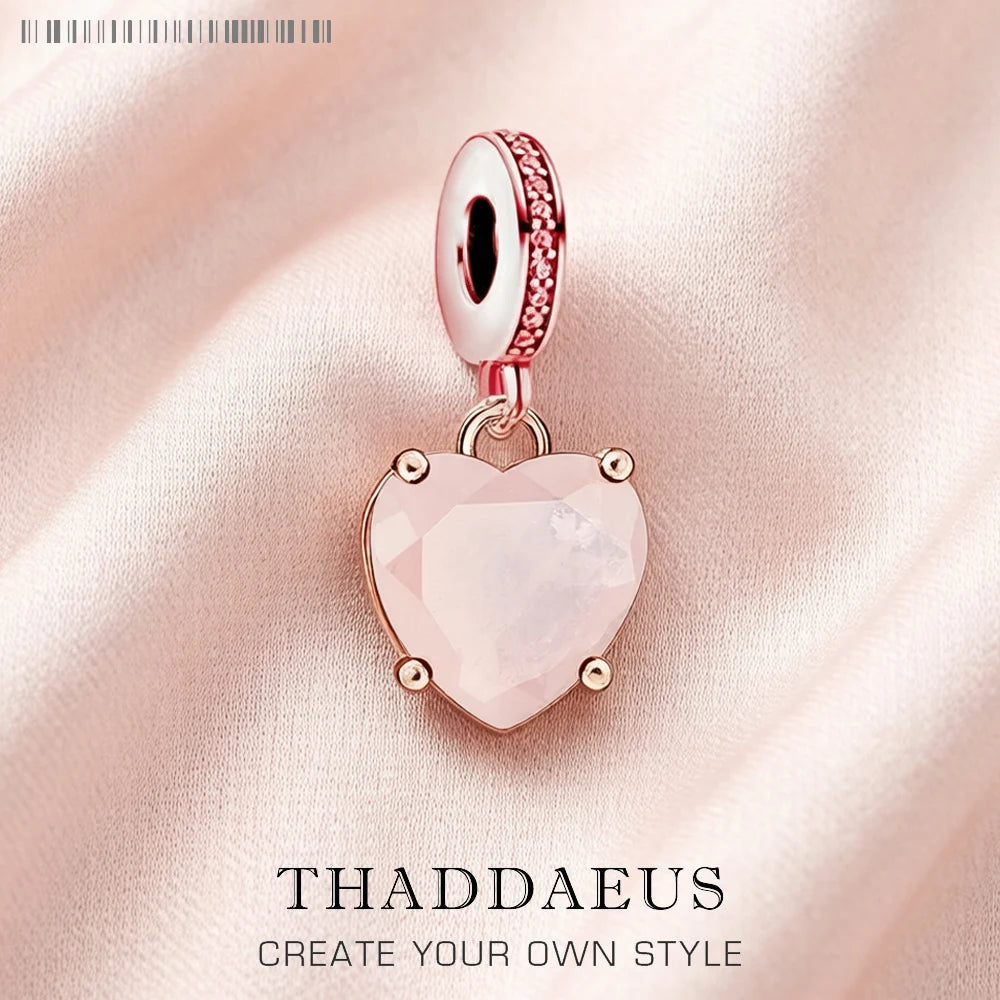 Rose Stone Heart Pendant Dangle Charms DIY Jewelry Romantic 100% 925 Sterling Silver Love Gift Qme