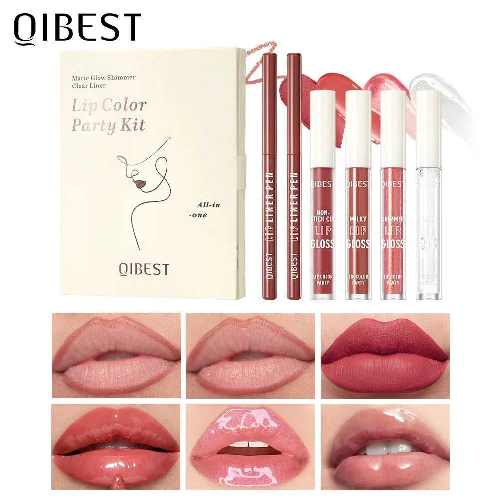 QIBEST Multi-Use Lip Makeup Sets Include 2 Lipliner,1 Liquid Lipstick,2 Mirror Lip Glaze And 1 Lip Oil Cosmetics Lipgloss Tint Qme 01