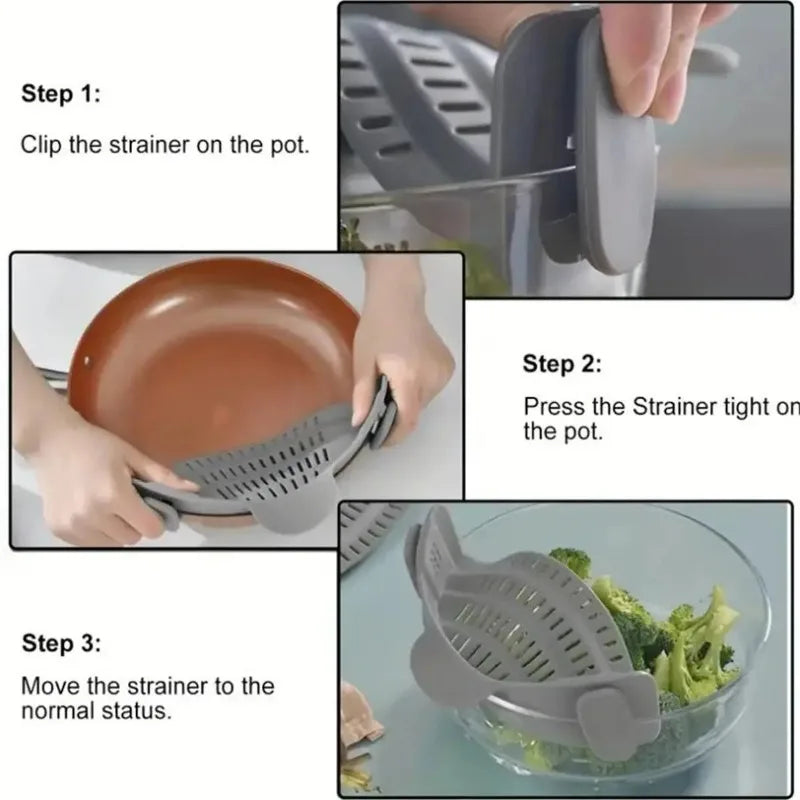 Adjustable Pot Strainer Clip-on Kitchen Pots Pans Bowls Stainless Qme