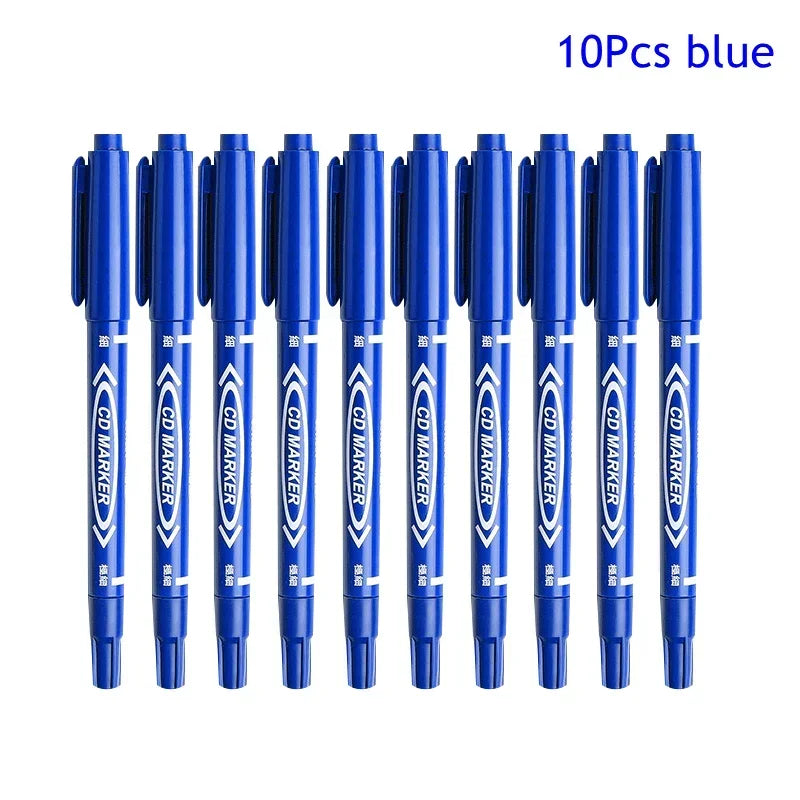 10Pcs/set Double Tip Art Black/Blue/Red Ink Permanent Paint Marker Pen for Plastic Wood Stone Metal Glass Doodling Marking Qme 10Pcs blue