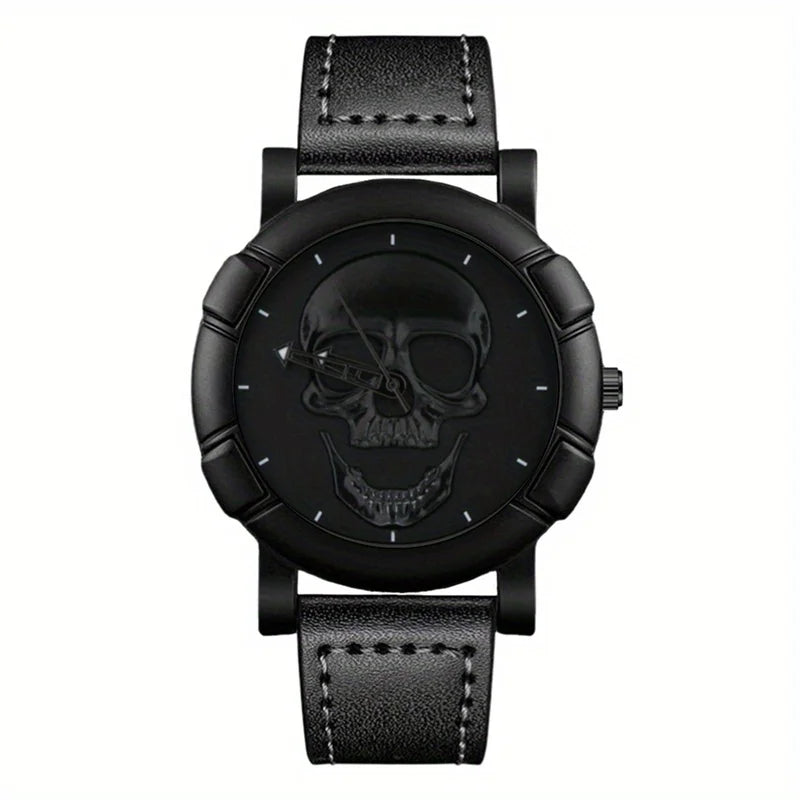 Skull Pattern Multi Display Pointer Round Quartz Watch With PU Leather Strap For Men Qme
