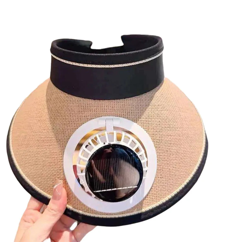 Wide Brim Sun Hat Fan Solar Powered Empty Outdoor Visor Sunshade Qme Khaki