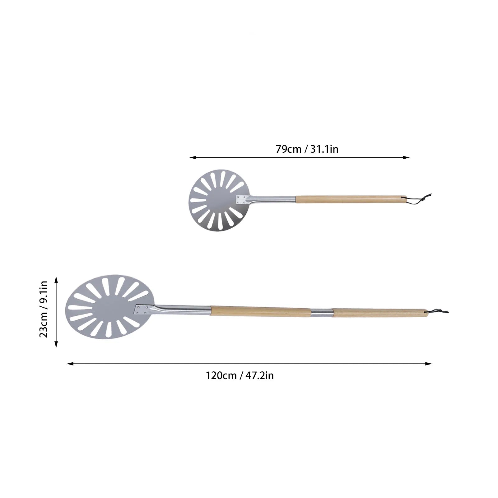 9inch Pizza Turning Peel Lightweight Stainless Steel Perforated Pizza Peel Metal Pizza Turner Peel with 2 Wooden Long Handle Qme