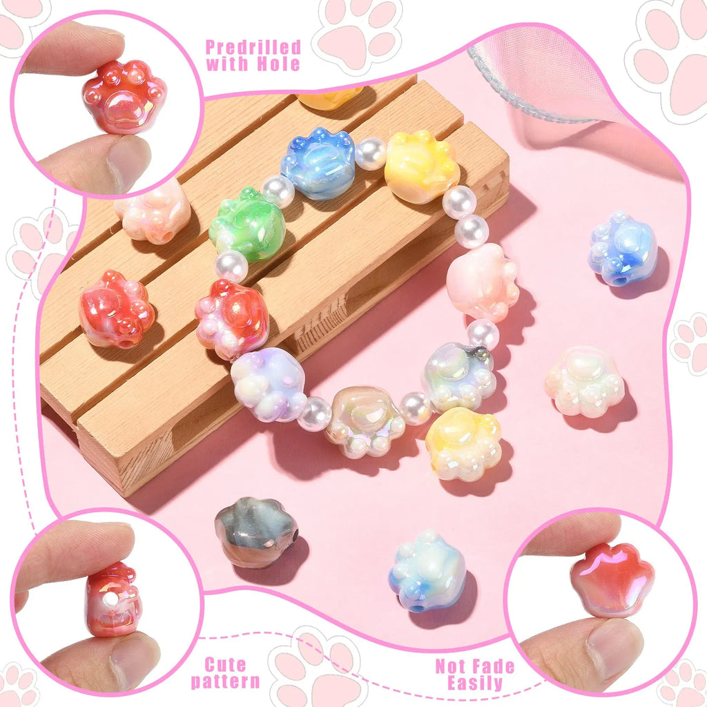 100Pcs Random Color Cute Cat Paw Beads Acrylic Animal Paw Print Spacer Beads Paw Print Beads for Bracelet Jewelry Making DIY Qme