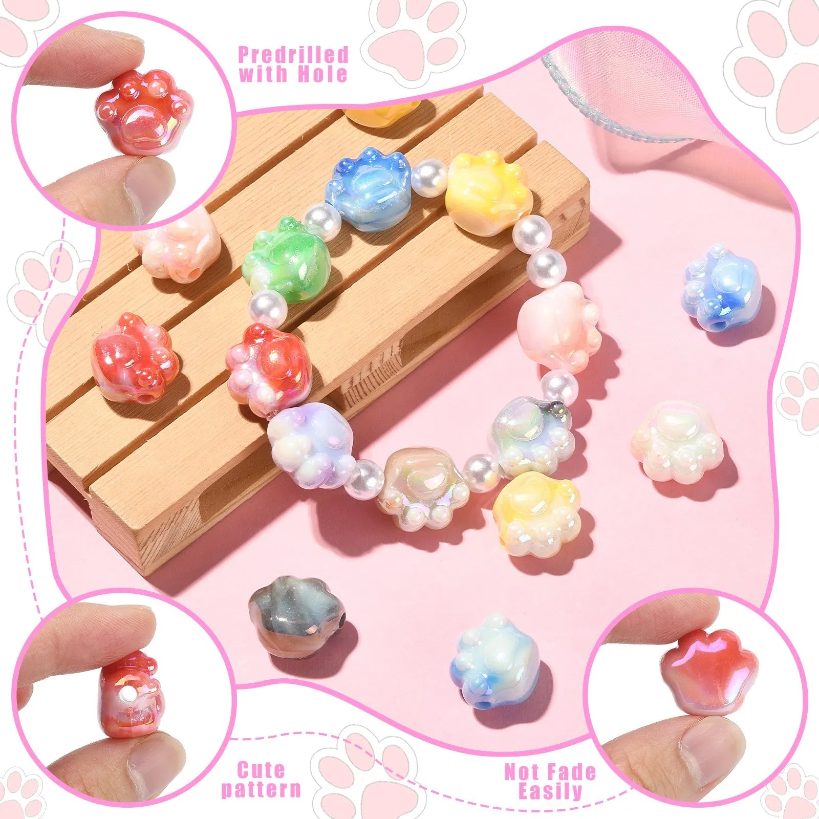 100Pcs Random Color Cute Cat Paw Beads Acrylic Animal Paw Print Spacer Beads Paw Print Beads for Bracelet Jewelry Making DIY Qme