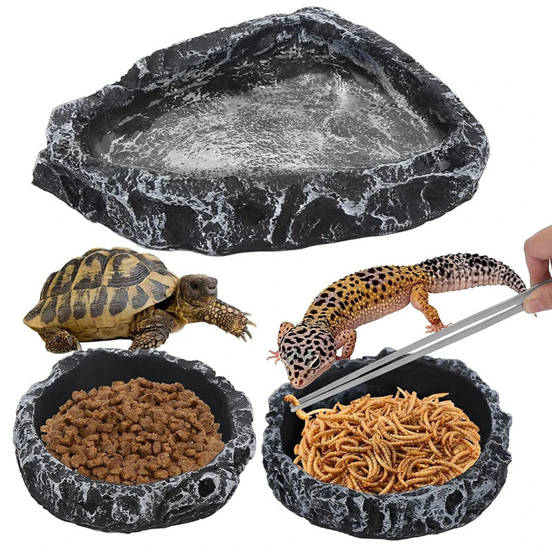 Imitation Stone Bowl Reptile Pet Feeding Water Bowls Safe Durable Qme