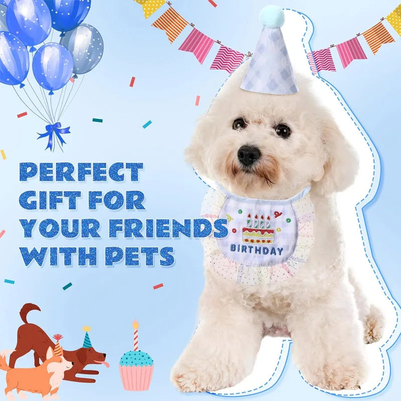 2-piece Pet Birthday Hat Scarf Set - Cute Embroidered Cat Headscarf - Checkered Pattern Lace Scarf Pet Party Supplies Decoration Qme