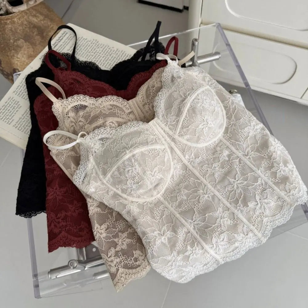 Fashion Mesh Flower Slim Lace Crop Bottoming Shirt Summer Girl's Vest Qme