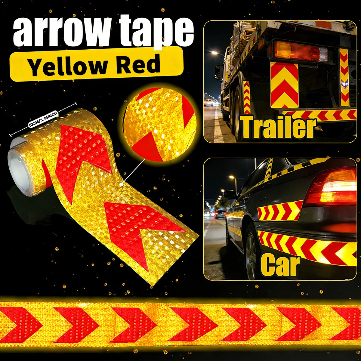 4Inch Waterproof Arrow Reflective Tape Safety Caution Warning Stickers Conspicuity Reflectors for DIY Car Truck Vehicle Warning Qme Yellow Red 2m 10cm