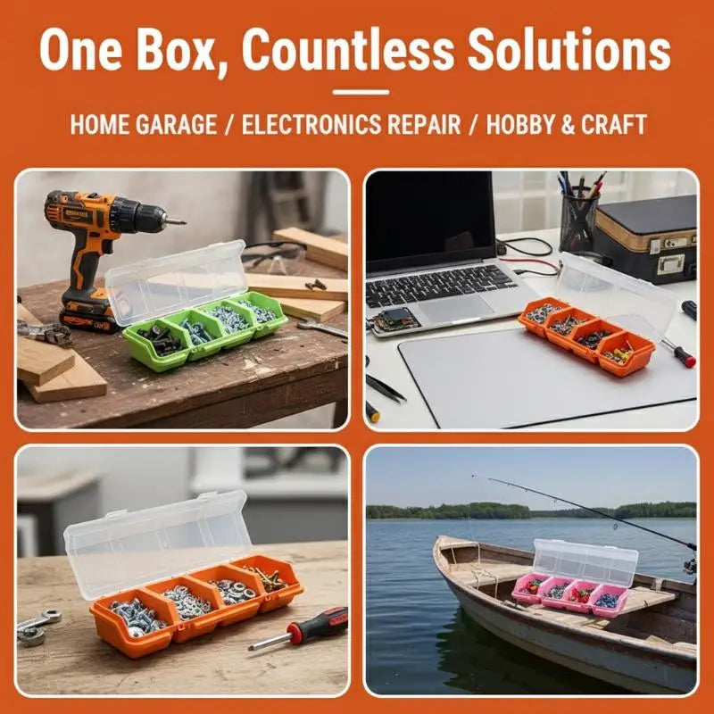 Screw Organizer Box Display Parts Storage 4 Compartments Lid Plastic Qme