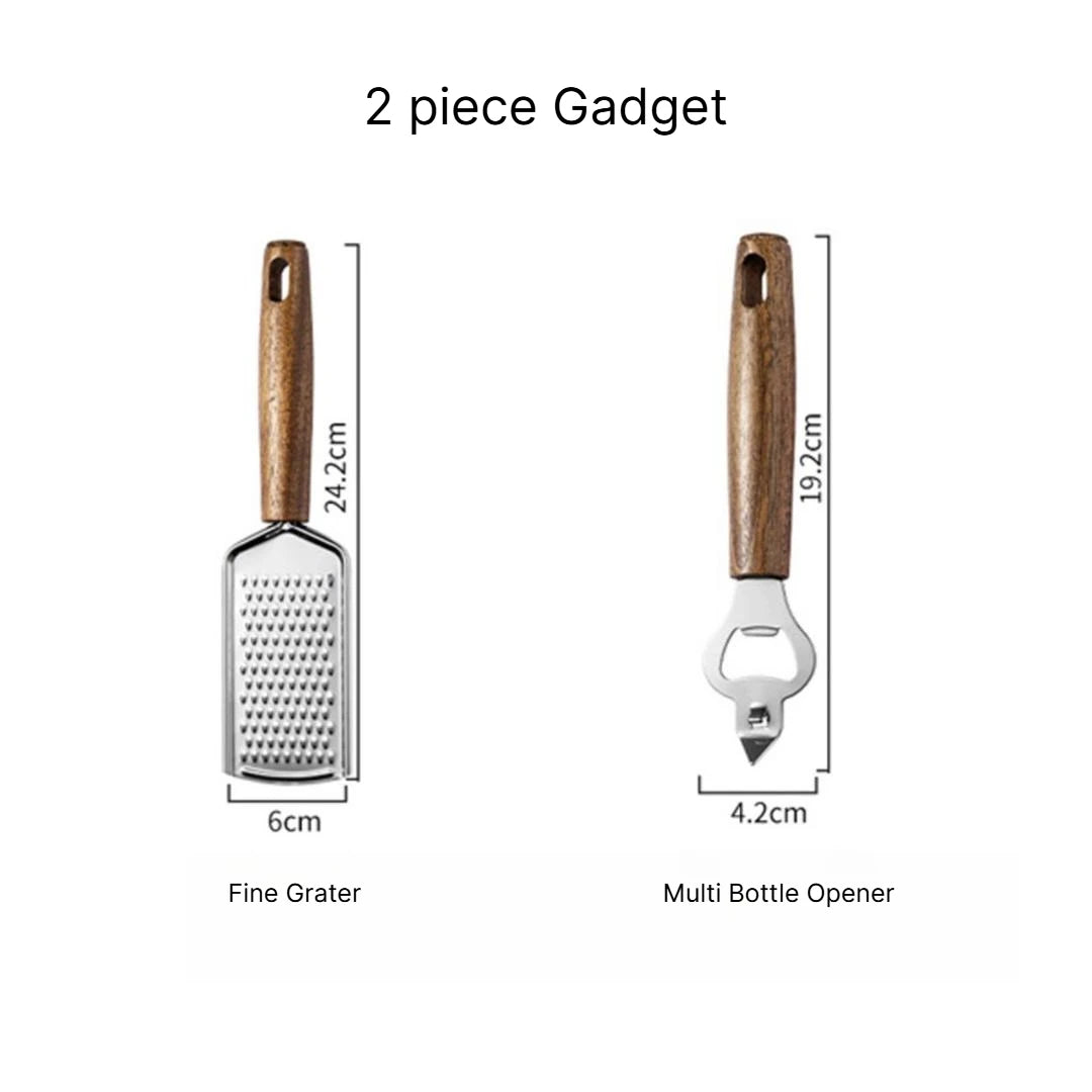 A Multifunctional Kitchen Gadgets Acacia Wood Stainless Steel Peeler Can Opener Egg Beater Pizza Cutter Cheese Spatula Set Qme 2pcs gadgets c