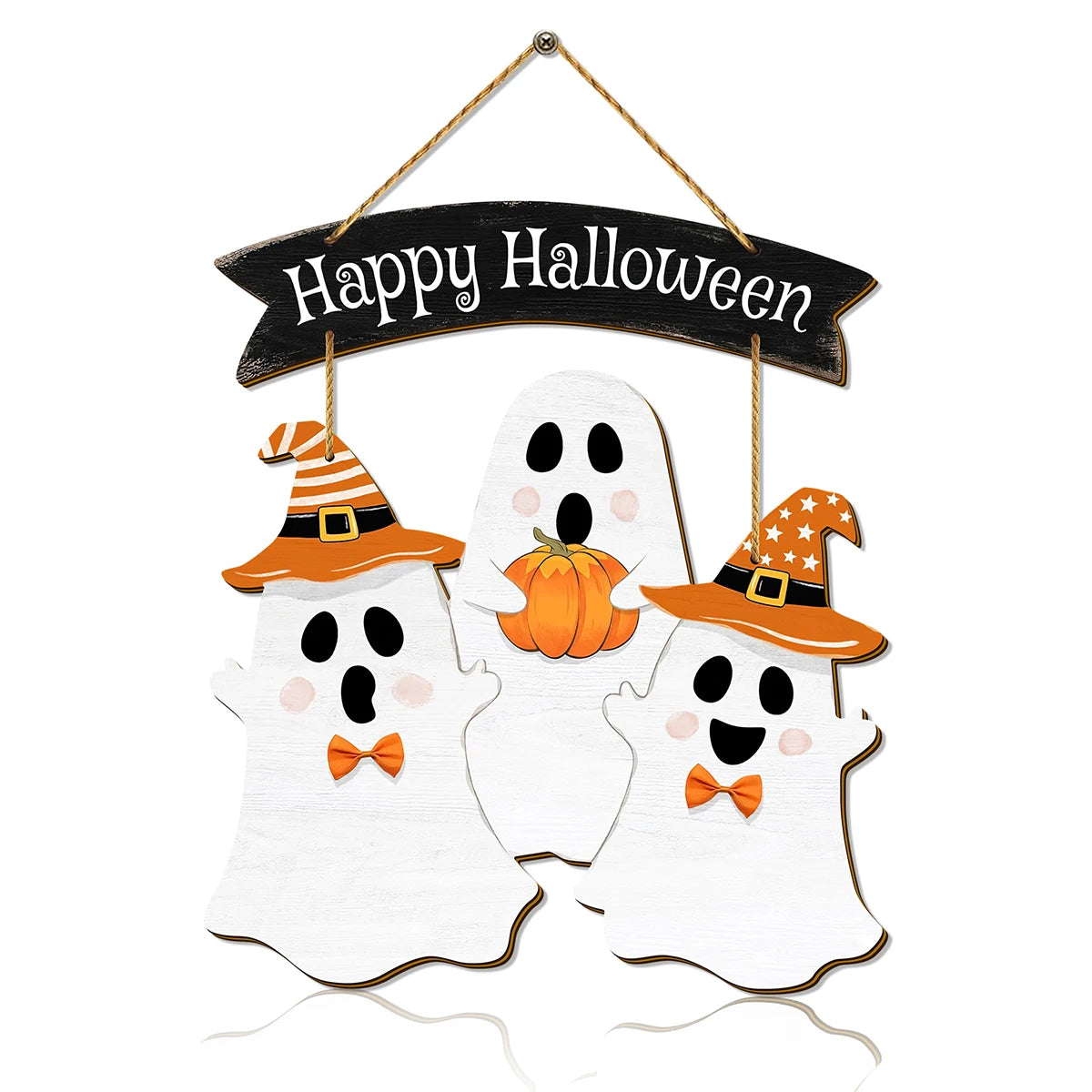 Halloween 2D wooden wall hanging sign, "Happy Halloween" banner, ghost pumpkin decoration with witch hat, Halloween home Decor Qme YX0203
