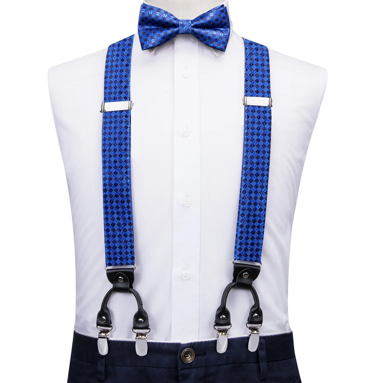 Silk Woven Mens Suspenders Bow Tie Hanky Cufflinks Strength 6 Clips Qme BD-3059
