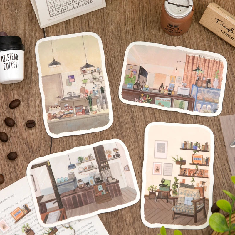 Life Archive Healing Scene Stickers, 4 Bags Set, Cozy Home Illustrations, Relaxing DIY Crafts for Journal Lovers Qme