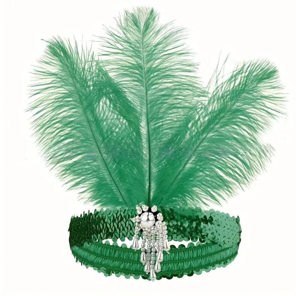 Exquisite Retro Women's Feather Headband Sequin 1920s Girls Hair Hoop Qme Green