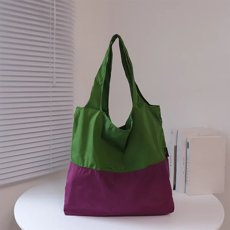 Color-block Patchwork Foldable Shopping Bag Eco-friendly Large Capacity Portable Waterproof Shoulder Bag Qme Deep green one size