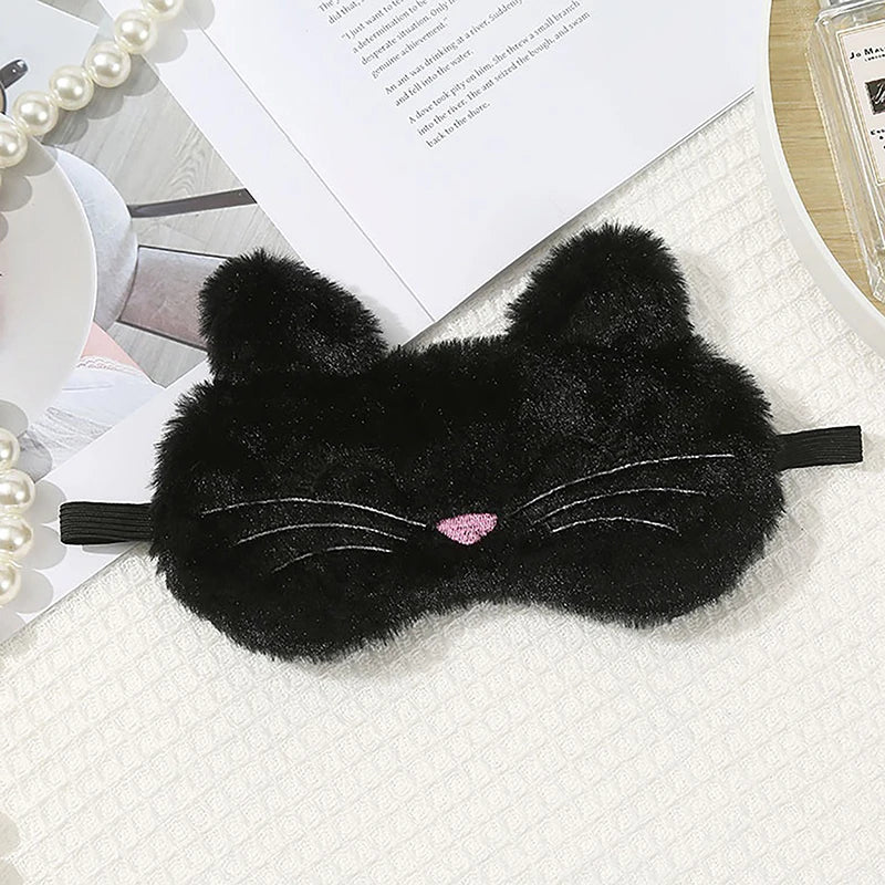 Cute Cartoon Cat Plush Sleep Mask Comfortable Eye Cover Travel Home Qme black