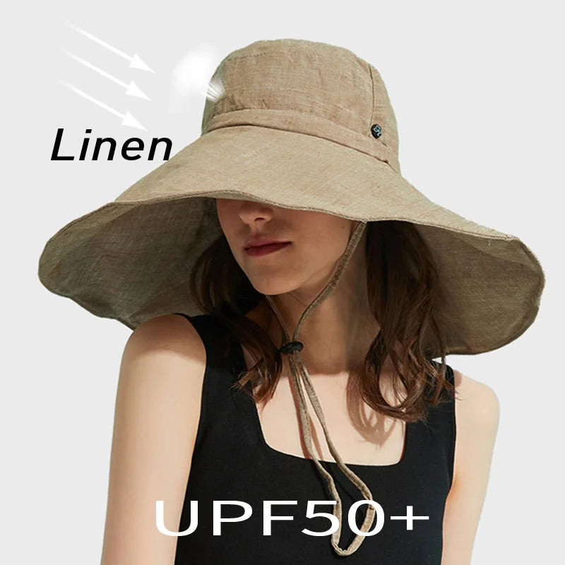 Summer Wide Brim Sun Hat Women's Foldable Travel Packable Bucket Hat Japanese UV Sunscreen Cotton Linen Beach Hat Fisherman Hat Qme