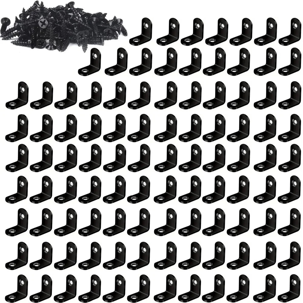 100-10PCS Stainless Steel L-shaped Corner Bracket 90 Degree Furniture Layer Board Fixed Connection Angle Bracket with Screws Qme Black 100pcs