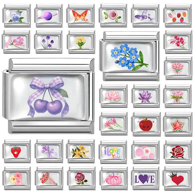 2026Fashion Pretty Colour Bow Cherry Flower Peach Blossom Charm Italian Links Fit 9mm Stainless Steel Bracelet Making DIYJewelry Qme