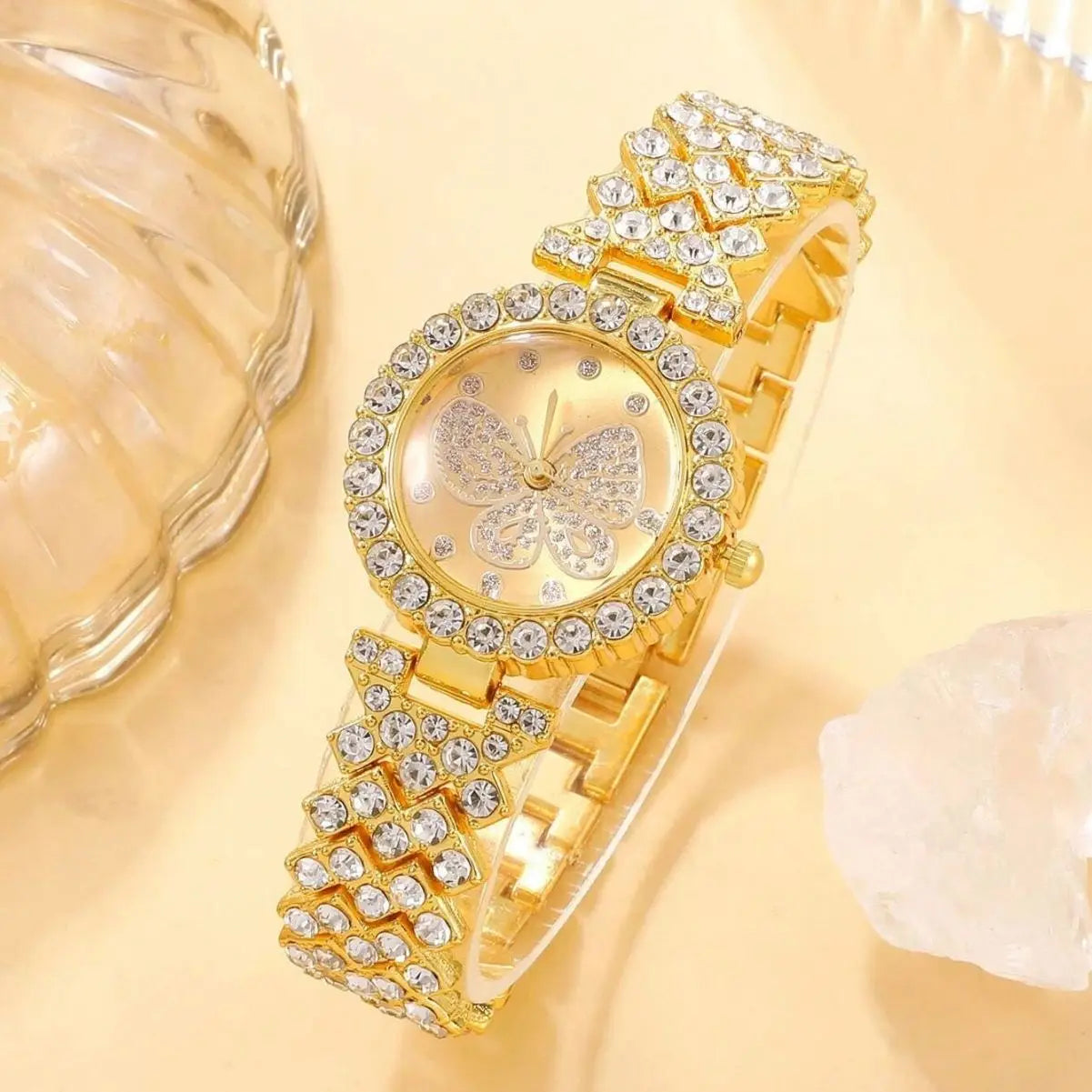 2 Pçs/set Moda Borboleta Dial Mulheres Relógios Luxo Strass Quartzo Relógio de Pulso Pulseira Conjunto Qme