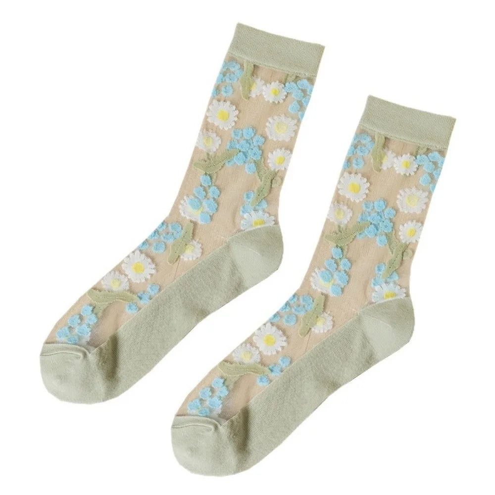 Cute Ultra-Thin Floral Embroidery Socks Crystal Silk Tulle Fabric Mesh Lace Socks Transparent Nylon Long Socks Summer Qme Green One Size