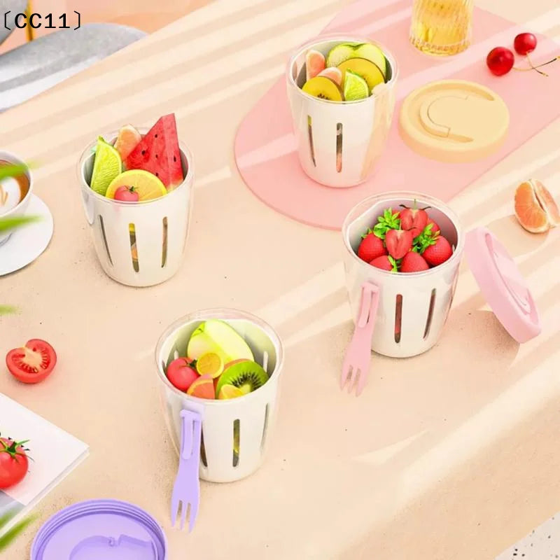 Cylindrical Salad Container Plastic Fruit Cup Fork Drainage Holes Qme