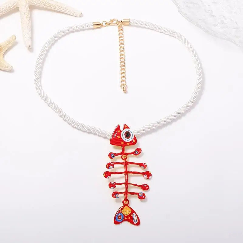 Hand Woven Boho Rope Pendant Necklace Alloy Printed Fish Bone Decor Non-irritating Neck Jewelry for Teen Girls Qme