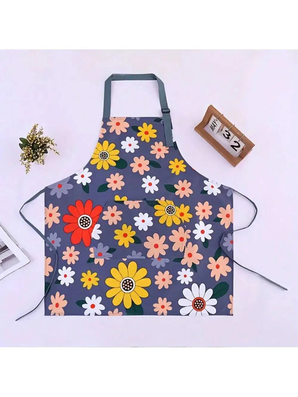 Oil-proof Waterproof Floral Print Apron Gardening Cooking Adjustable Qme blue