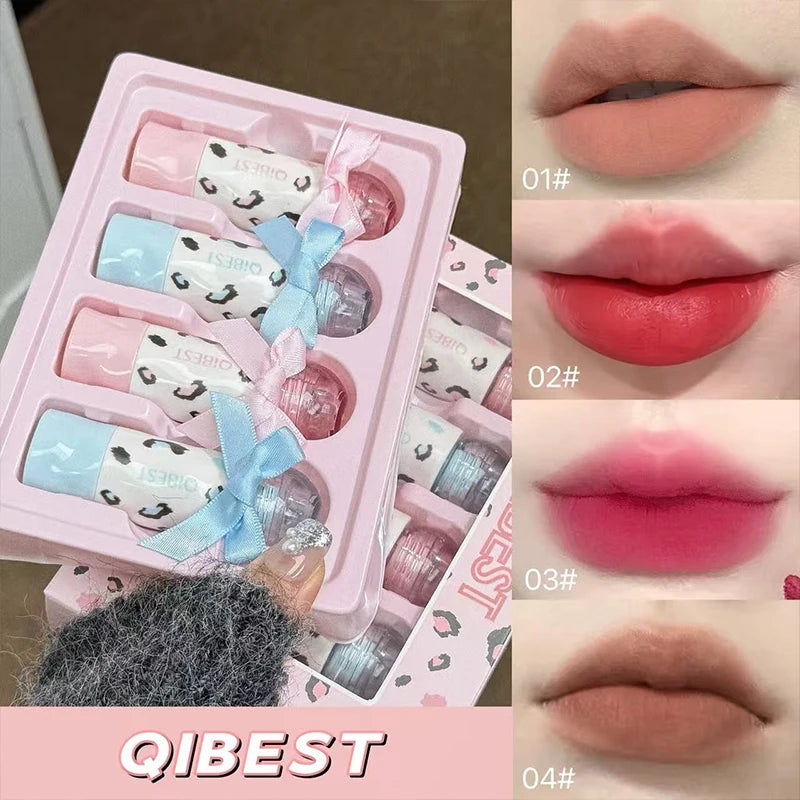 QIBEST Matte Velvet Lip Gloss Makeup Sets Red Brown Lip Glaze Lasting Waterproof Orange Color Liquid Lipstick 4 Colors Lip Tint Qme Lipgloss Sets