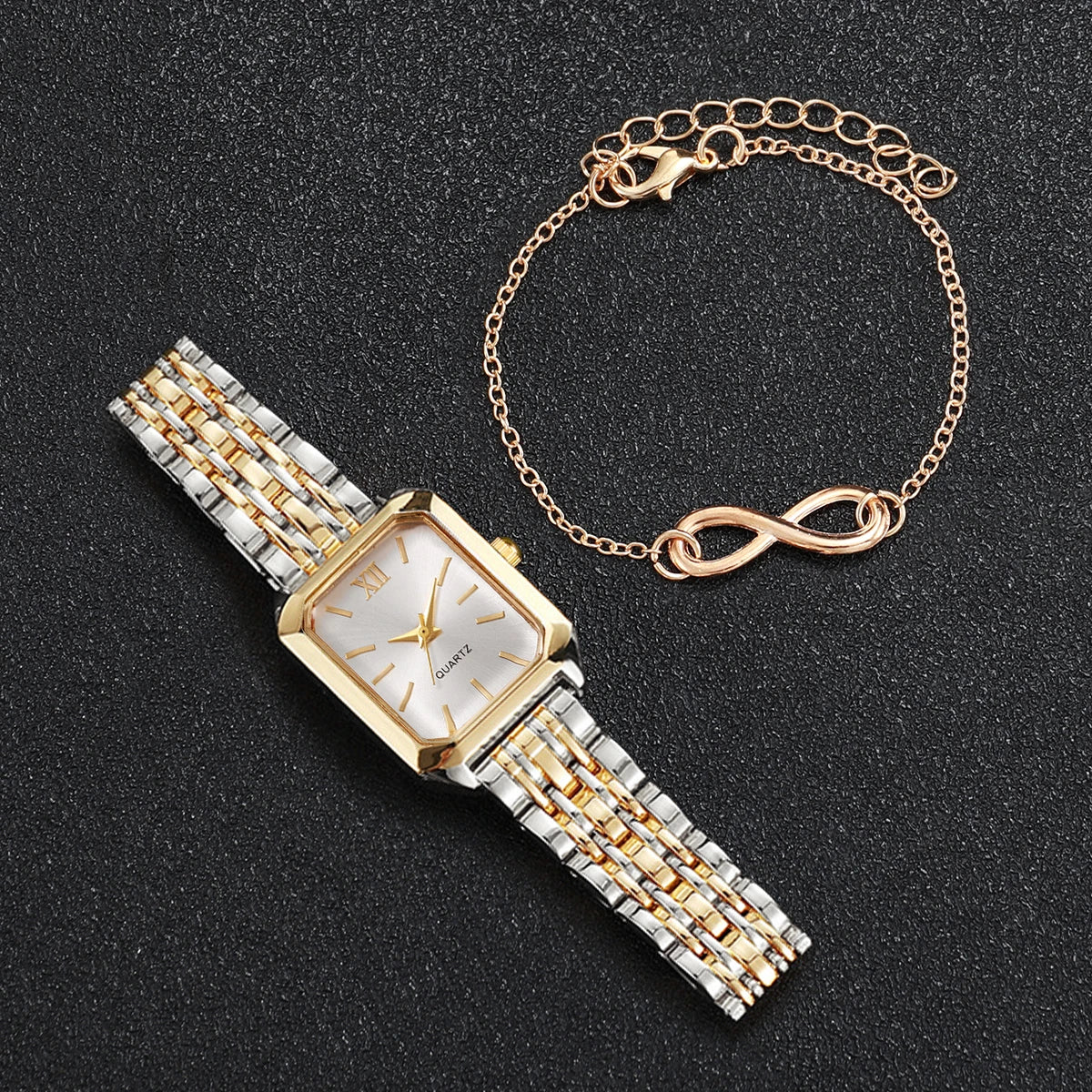 Hot Sale 2Pcs Women's Watch & Bracelet Set, Two-Tone Square Quartz Watch + Rose Gold Infinity Bracelet, Elegant Style Qme