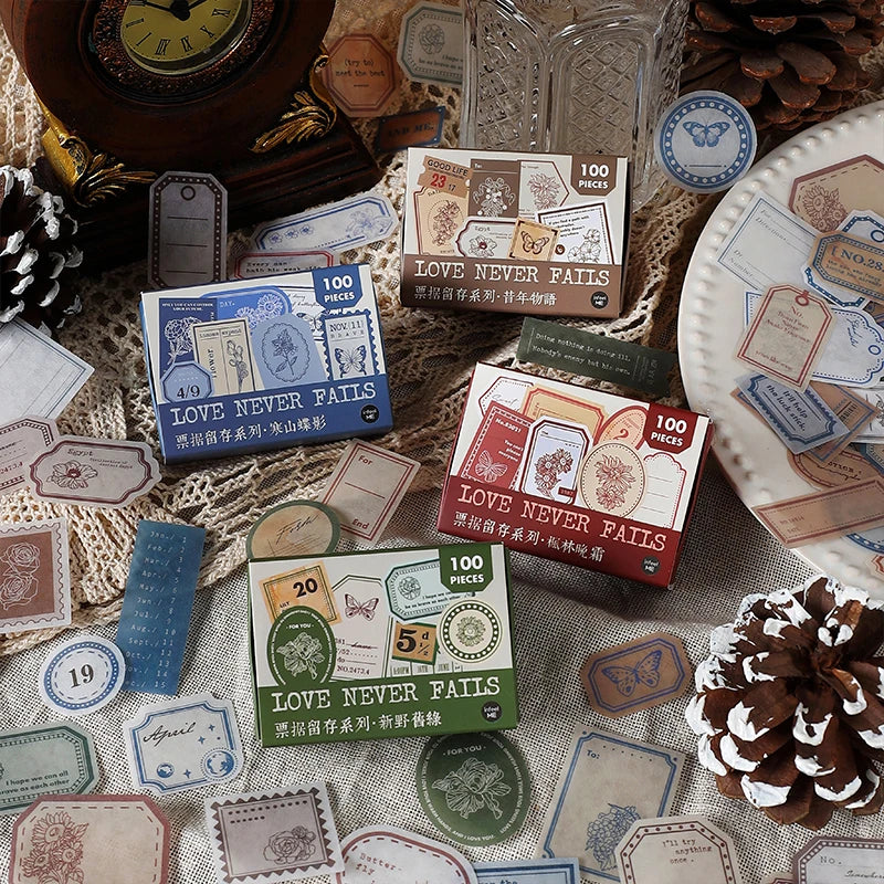 100 pcs Vintage Ticket Stickers pack Decorative Diy Diary Album Stationery Scrapbooking accessories hand made Collage material Qme