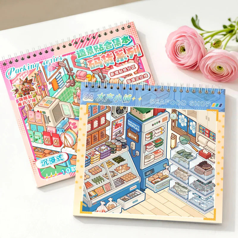 Creative Cartoon 3D Landscape Sticker Book PET DIY Cabin Scene Sticker Miniature House Sticker Cabin Scene Stationery stickers Qme