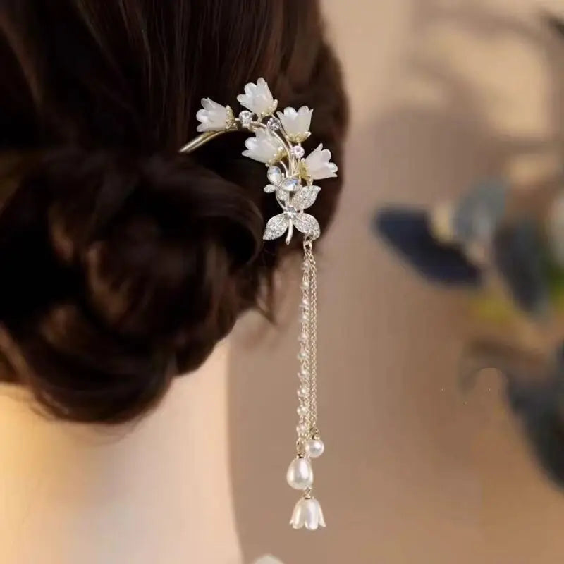 Chinese Hanfu Hair Accessories Long Tassel Vintage Lily Valley Qme