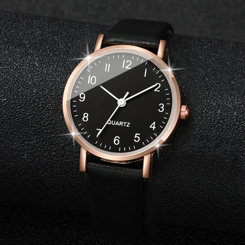 Relógio de quartzo com mostrador árabe feminino, pulseira de couro, relógios sem caixa, moda, 2 peças Qme