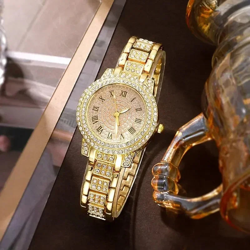 Golden Watch Women Ring Necklace Earrings Rhinestone Fashion Wristwatch Female Casual Ladies Watches Bracelet Set Clock Qme