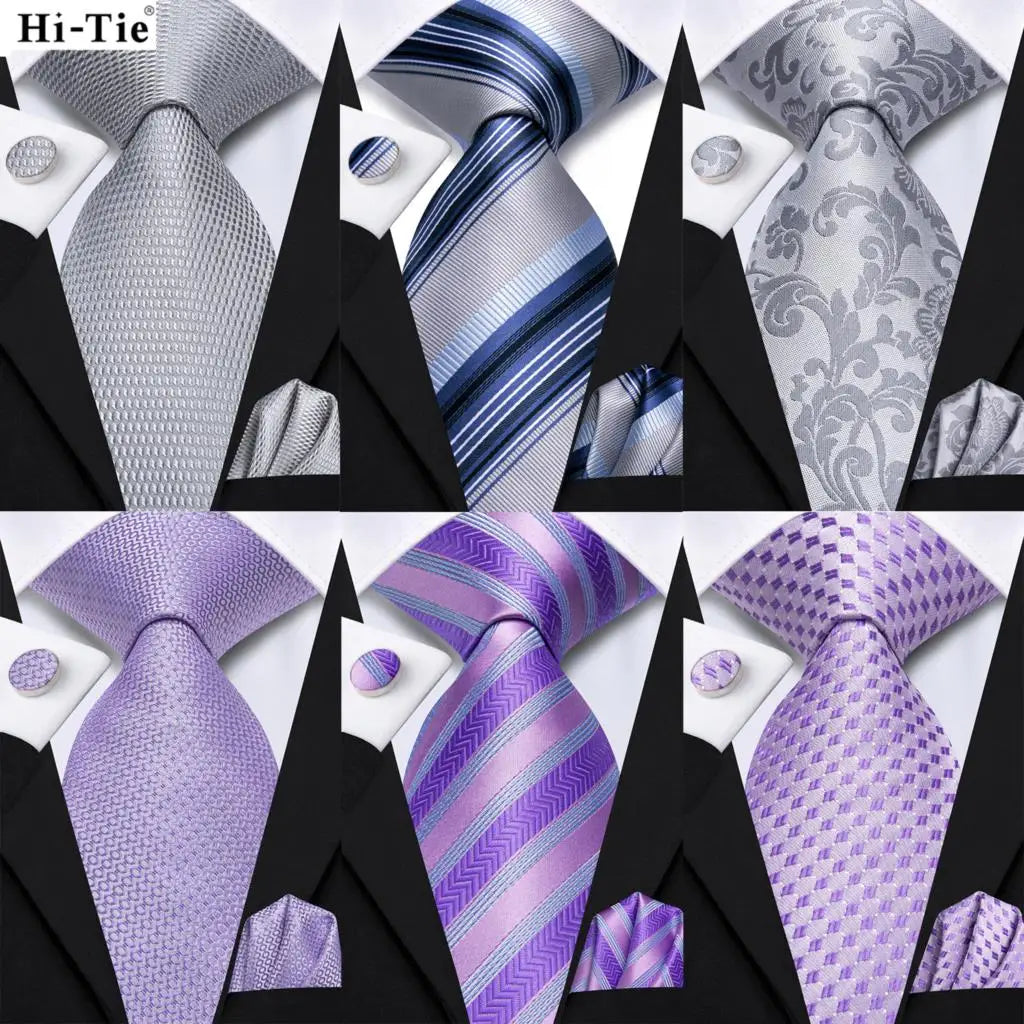 Hi-Tie Purple Silver Striped Silk Elegant Tie For Men Groom Wedding Men Necktie Pocket Square Cufflink Accessory Wholesale Qme