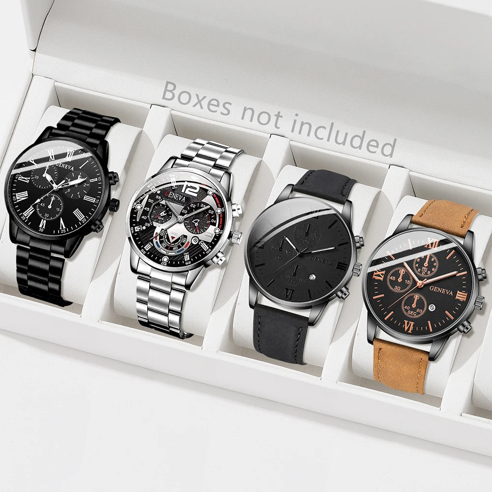 4Pcs Mixed Style Geneva Men Chronograph Watch Set Alloy Metal & Leather Strap Black Roman Dial Quartz Wristwatch Qme