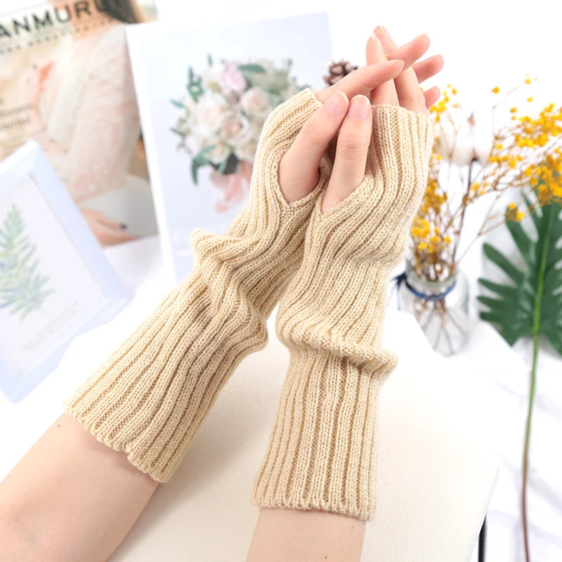 Long Fingerless Gloves Women Mitten Winter Arm Warmer Kawaii Knitted Qme Beige one size