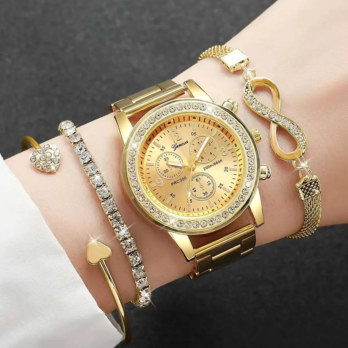 Elegant Sparkling Rhinestone Women Gift Set, GENEVA Gold Tone Chronograph Watch Matching Diamond Heart Infinity Jewelry Bracelet Qme Multicolor
