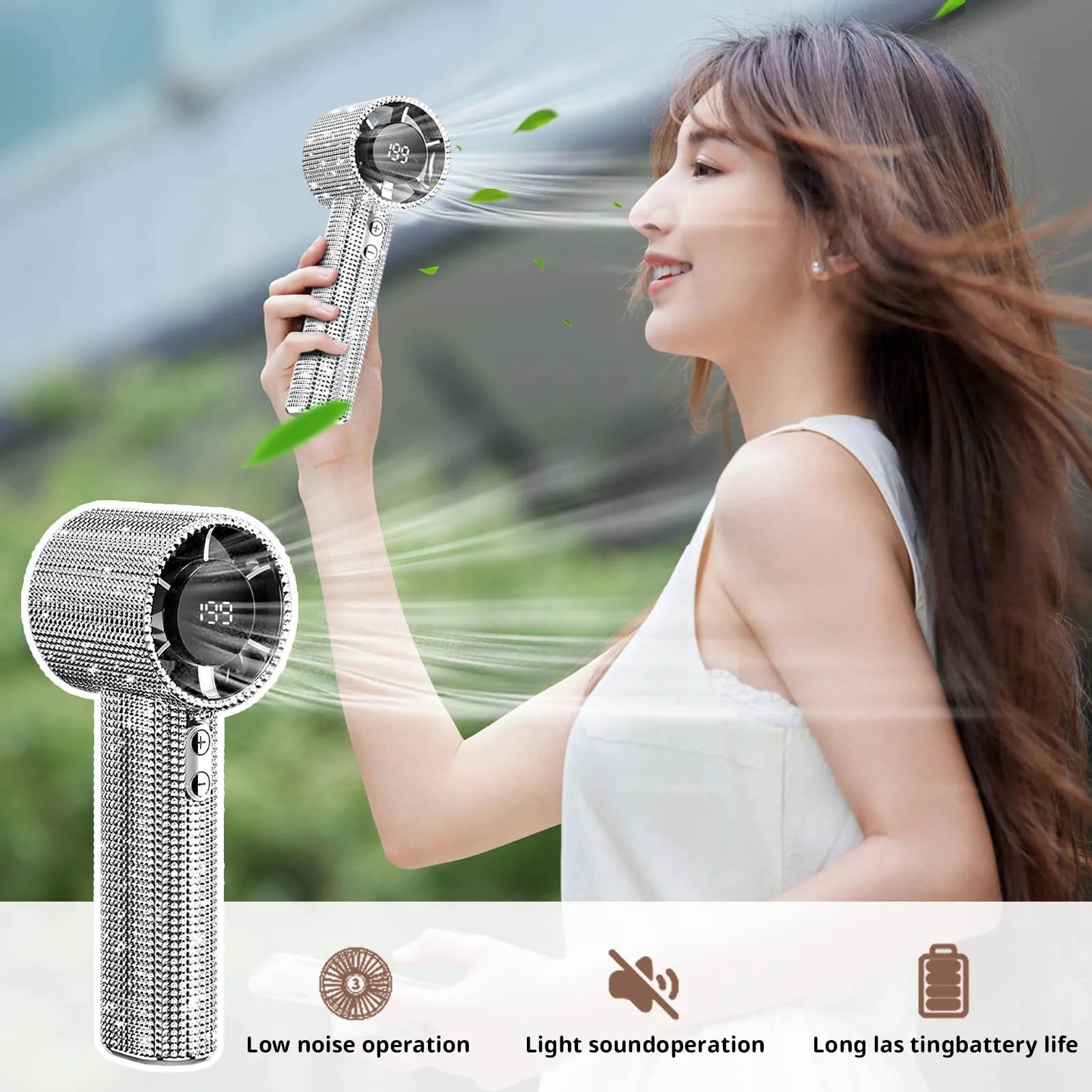 New Portable Handheld Turbine Rechargeable Fan with Digital Display USB Interface Mini Fan Suitable for Travel Camping Outdoor Qme