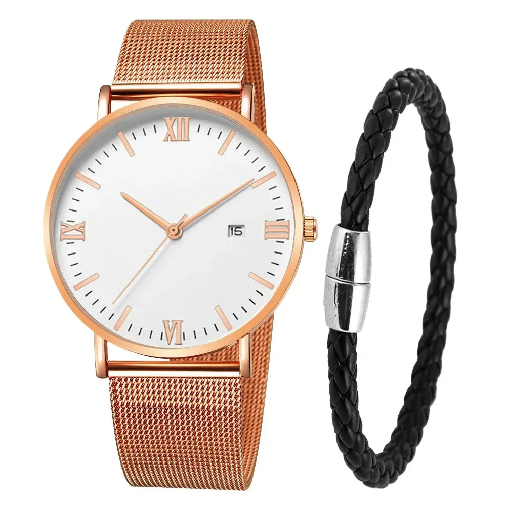 Ultra Thin Men Watch Magnetic Bracelet Quartz Watch Calendar Men Slim Mesh Steel Waterproof Sport Watch Black Relogio Masculino Qme Rose White set