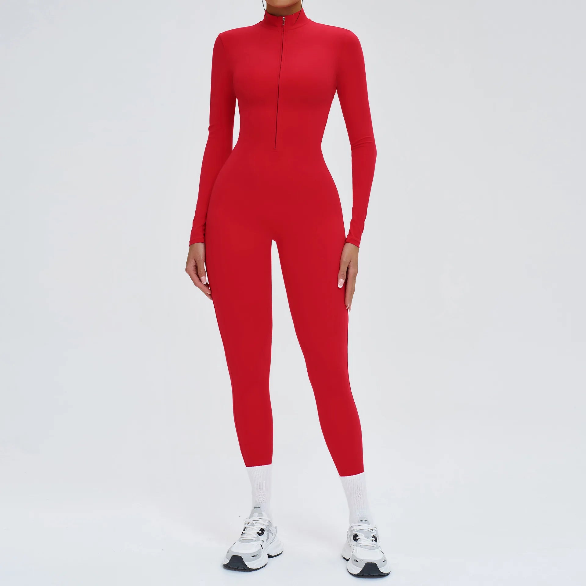 A Naked zipper short sleeved yoga suit jumpsuit, quick drying breathable outdoor sports tight fitting jumpsuit, fitness suit Qme M Bright red