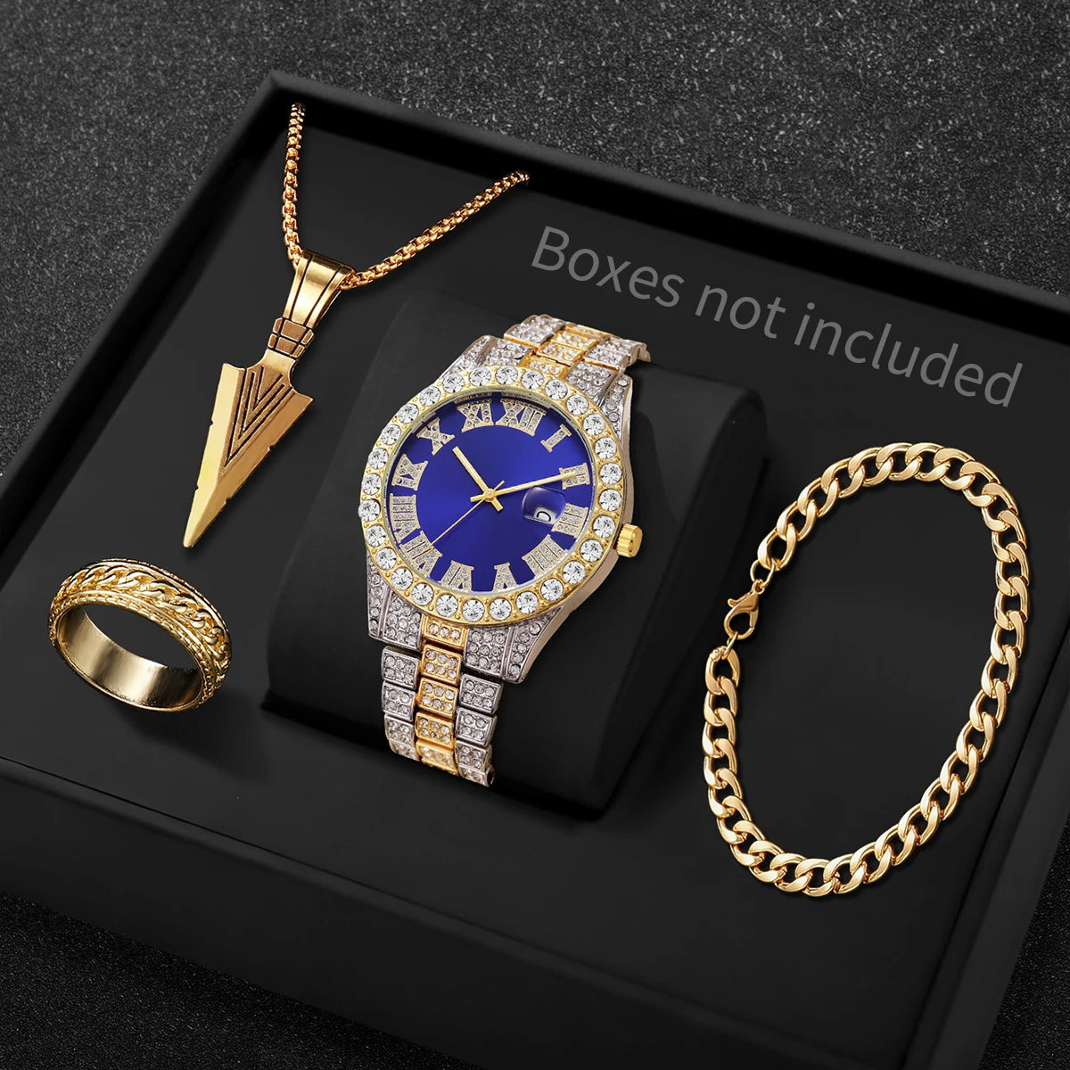 Men Iced Watch 4Pcs Jewelry Set Spear Pendant Necklace Ring Cuban Bracelet Qme Blue D Without Box